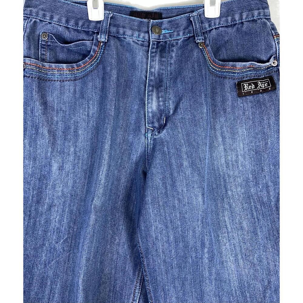 Vintage Y2K Red Ape Embroidered Denim Jean Shorts Size 38 Baggy Hip Hop Plaid - Picture 9 of 16